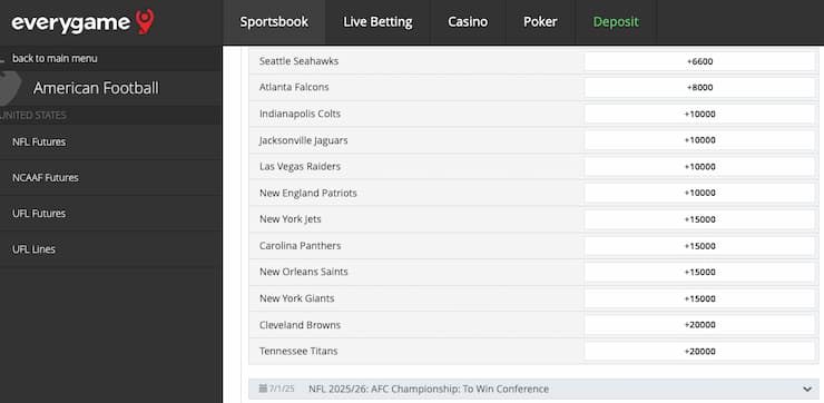 A view of odds at Everygame, part of the top Oregon sportsbooks. 